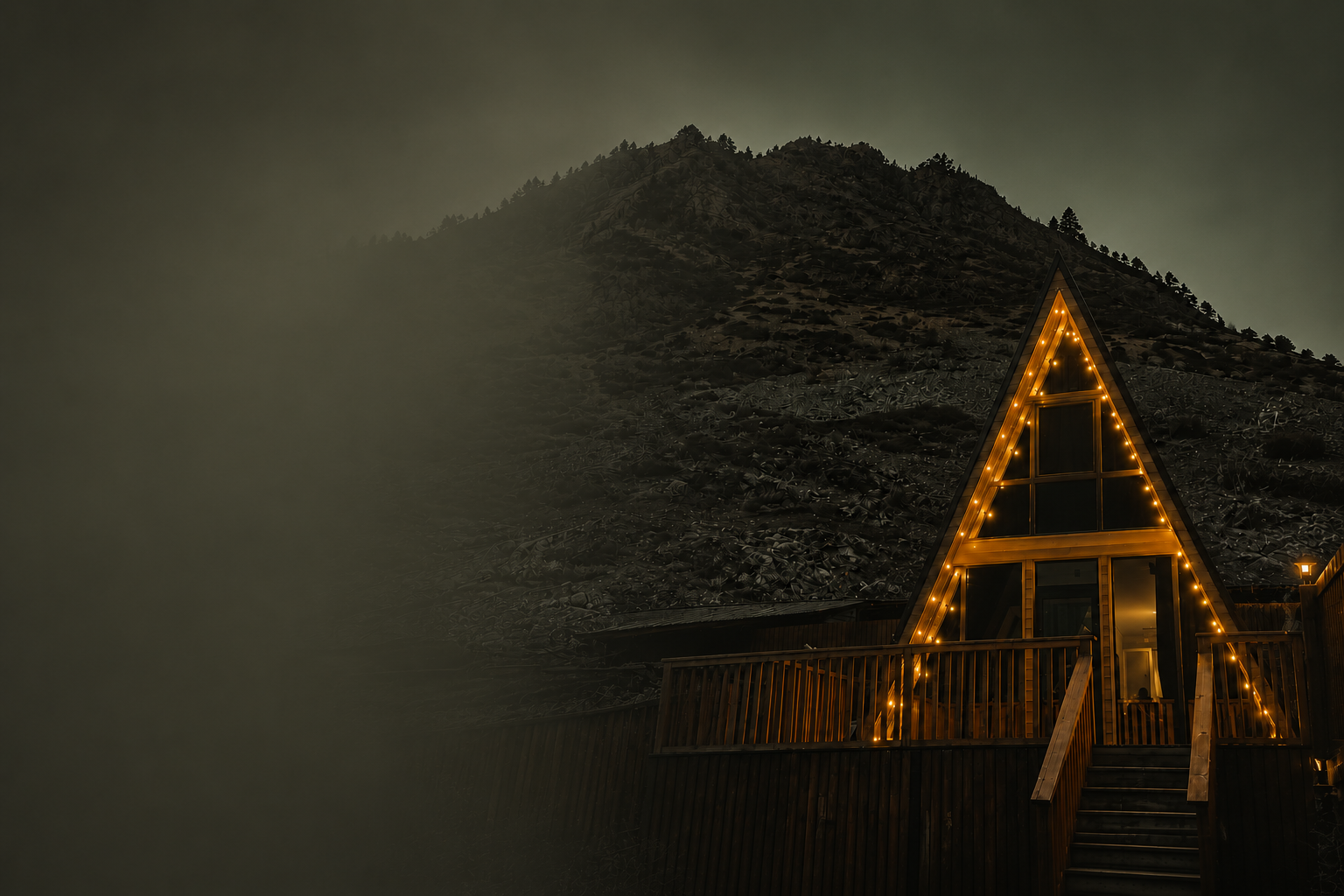A-frame дом в Приэльбрусье ночью с гирляндами